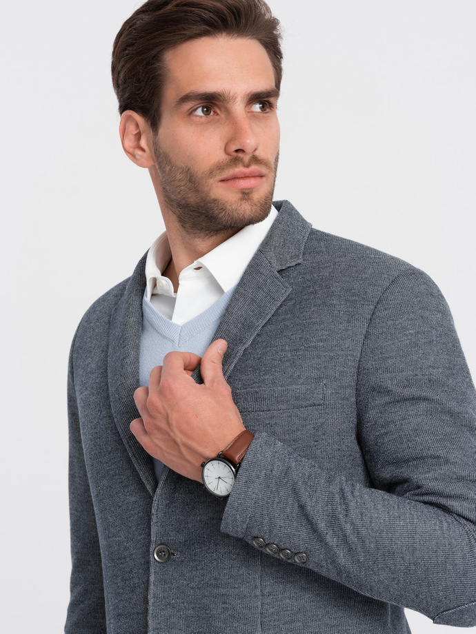Men's blazer with elbow patches - navy blue V2 OM-BLZB-0108