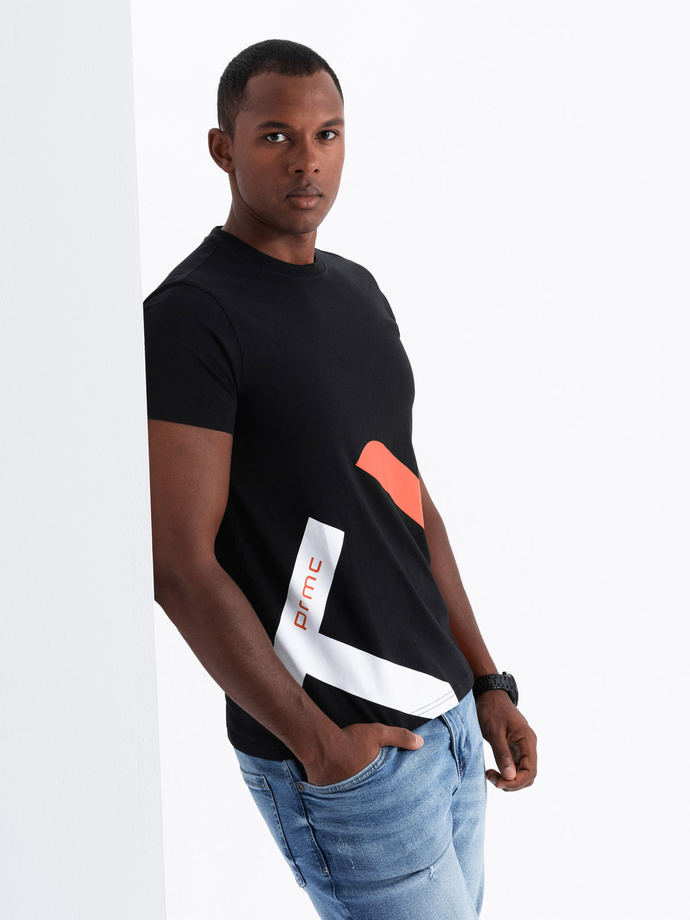 Tricou bărbătesc din bumbac cu imprimeu contrastant în două tonuri - negru V1 OM-TSPT-0219