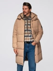 Men's quilted long jacket with detachable hood - beige V2 OM-JALJ-0190