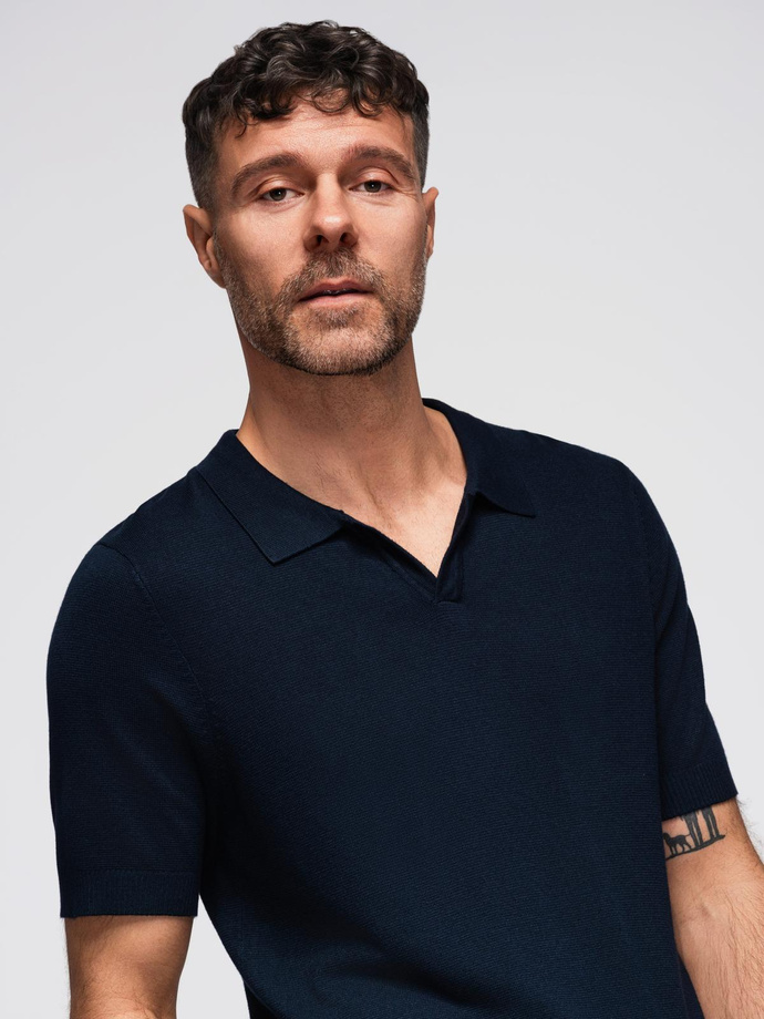 Tricou polo bărbătesc fără nasturi cu țesătură clasică - albastru marin V1 OM-POSS-0159