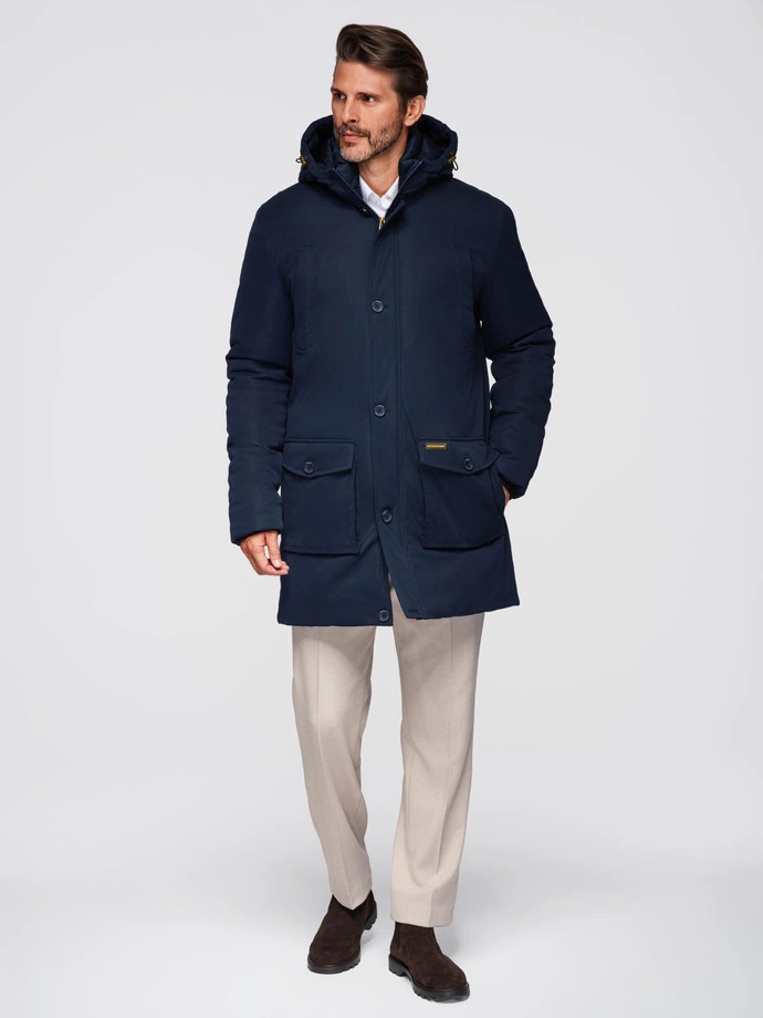 Elegantní pánská parka s kapsami a kapucí - tmavě modrá V2 OM-JAPJ-0287