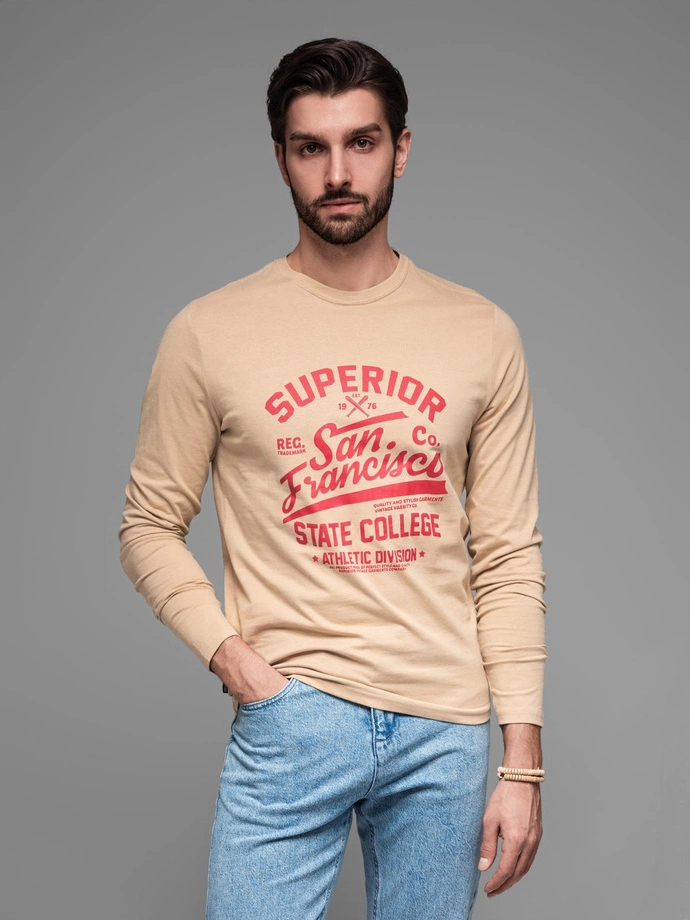 Men's long sleeve collegiate print t-shirt - sand V1 OM-LSPT-0116