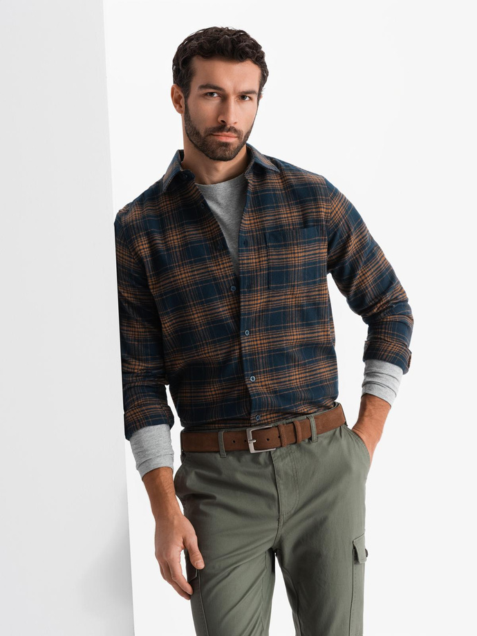 青と茶2枚セット　24aw OMBRE CHECK FLANNEL SHIRTS Men's checkered flannel shirt - navy blue and orange V7 OM-SHCS