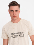 Men's T-shirt with print and round neckline - cream V2 OM-TSFP-0187
