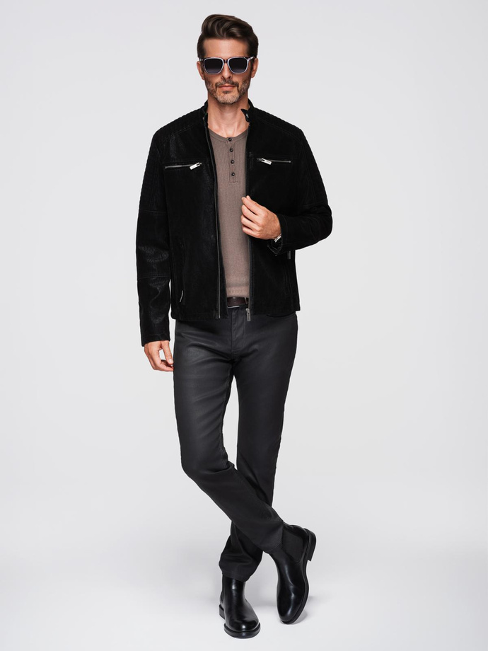 Stylish men's eco leather biker jacket with collar - black V2 C637