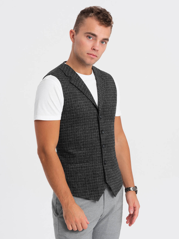 Men's wool blend vest with checkered lapels - graphite V1 OM-BLZV-0110