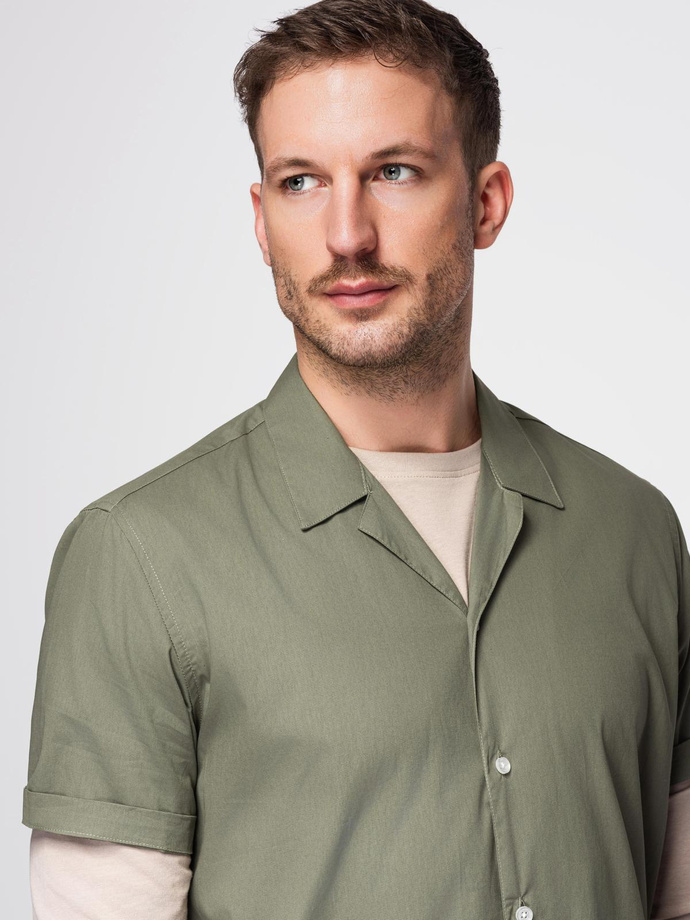 Pánská košile s krátkým rukávem a kubánským límcem - khaki V4 OM-SHSS-0168