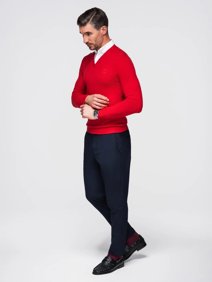 Men's sweater with a "v-neck" neckline with a shirt collar - red V4 OM-SWSW-0102