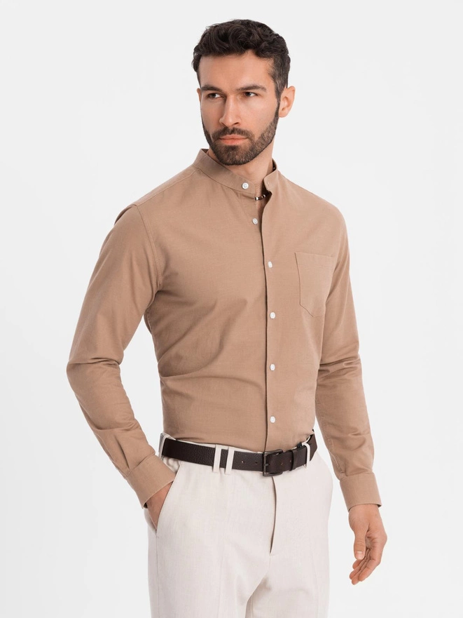 Men's linen shirt with stand-up collar and pocket REGULAR FIT - light brown V7 OM-SHCS-0161