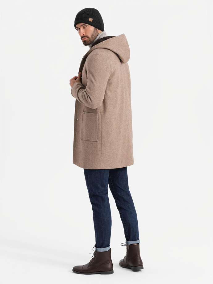Melange long men's hooded coat - beige V2 OM-COWC-0122