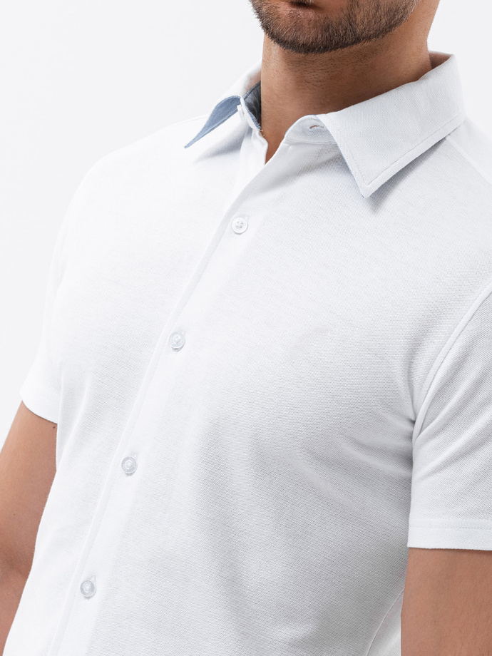 Men's knitted slim fit shirt with short sleeves and collar - white V1 OM-SHSS-0100