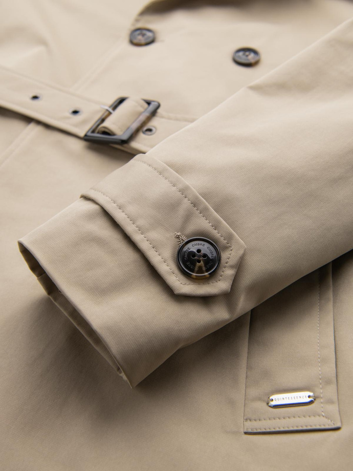 Elegantní pánský plášť SLIM FIT s páskem - béžový V1 OM-COSC-0126