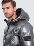 Men's glossy puffer jacket with hood - graphite V2 OM-JAHP-0129