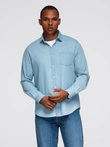 Men's denim shirt with embroidered pocket - light blue V1 OM-SHDS-0181