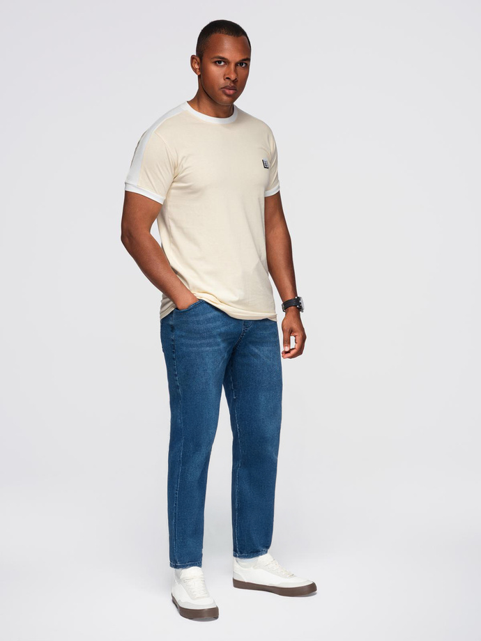 Pánské tričko s kontrastními pruhy - krémové V7 OM-TSCT-0115