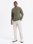 Men's cotton longsleeve with U neckline with stripes and embroidery - olive V1 OM-LSCL-0128