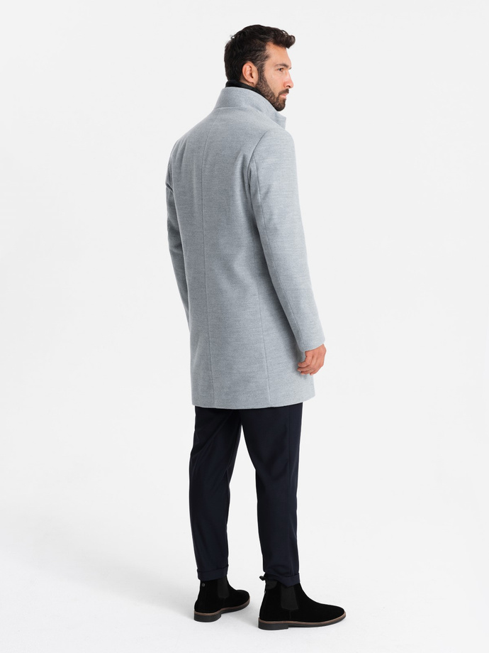 Men's coat with high collar and asymmetrical fastening - grey melange V1 OM-COWC-0120