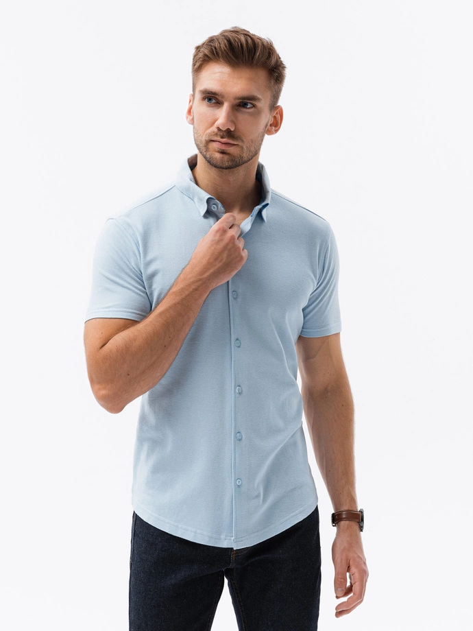 Men's knitted slim fit shirt with short sleeves and collar - blue V3 OM-SHSS-0100