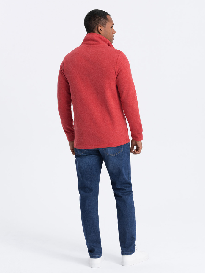 Pánska voľnočasová mikina s golierom na gombíky - červená melanž V3 OM-SSZP-0171