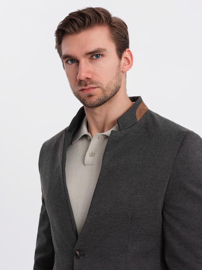 Vyriška melanžinė striukė iš dirbtinio pluošto su atsegama apykakle - juoda melanžinė V5 OM-BLZB-0131