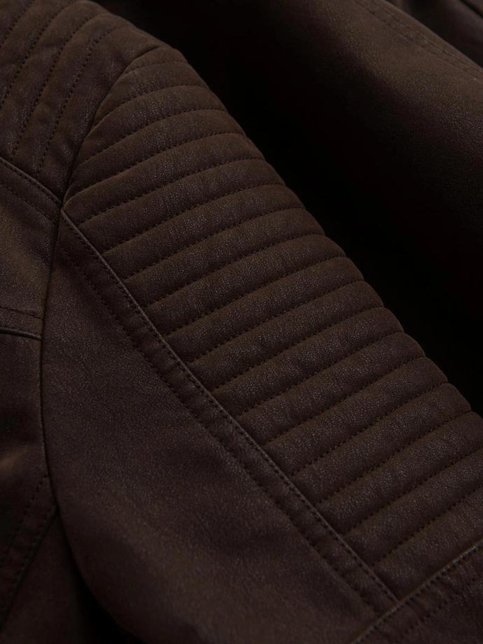 Men's stylish eco leather biker jacket with collar - dark brown V1 C637