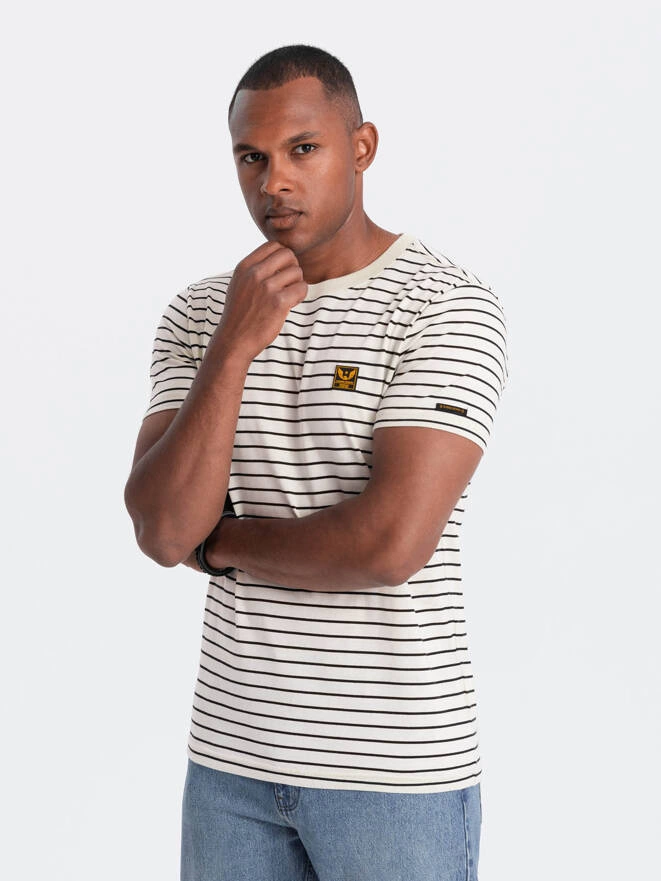 Men's striped t-shirt with patch by Ombre Design - cream and black V1 OM-TSCT-0183