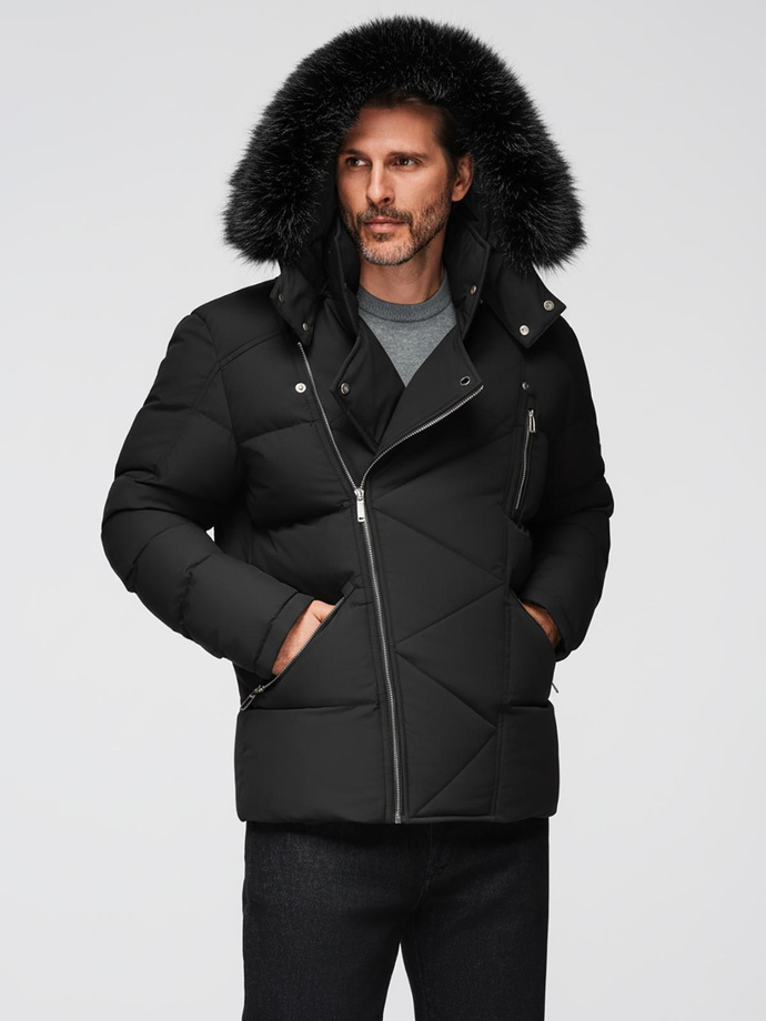 Men's quilted jacket with cut of ramoneski with hood - black V1 OM-JAHP-0252