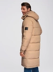 Men's quilted long jacket with detachable hood - beige V2 OM-JALJ-0190