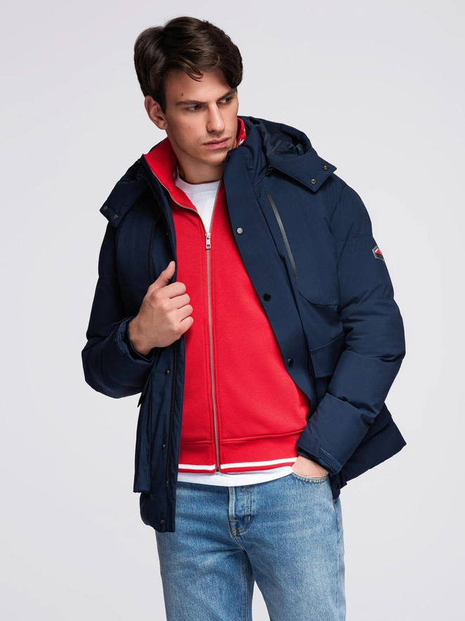 Men's winter jacket with detachable hood made of waterproof material - navy blue V1 OM-JAHP-0306