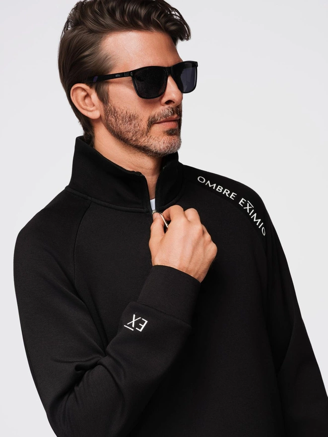 Men's hooded kangaroo sweatshirt with logo - black V1 OM-SSNZ-0162