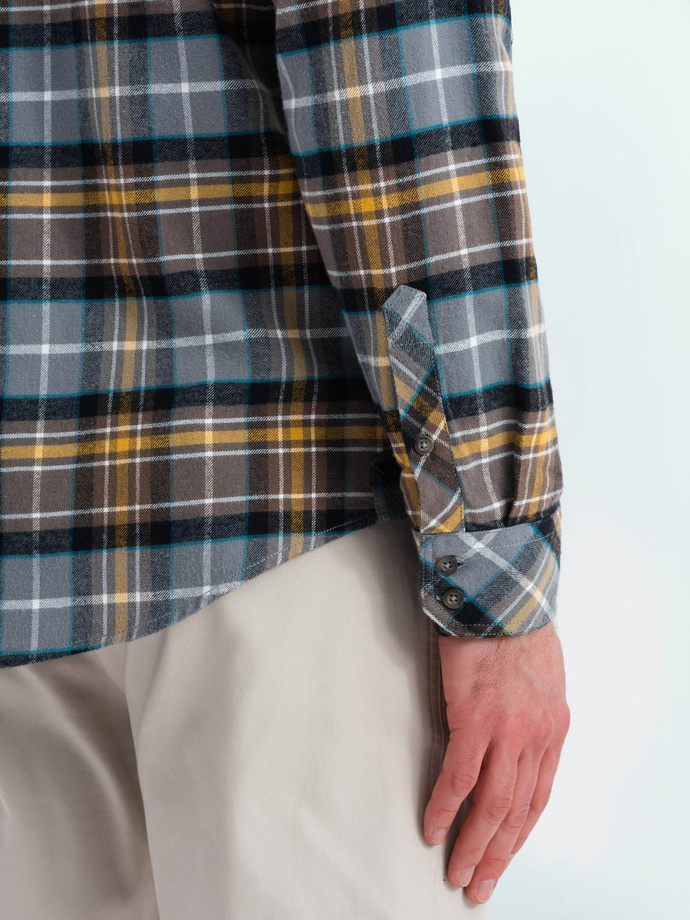 Vyriški languoti flaneliniai marškiniai su kišenėmis - pilki ir geltoni V1 OM-SHCS-0149