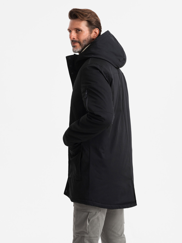 Męska długa kurtka parka sherpa – negru V4 OM-JALJ-0181