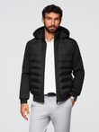 Quilted bomber jacket with hood and knitted sleeves - black V1 OM-JALP-0298