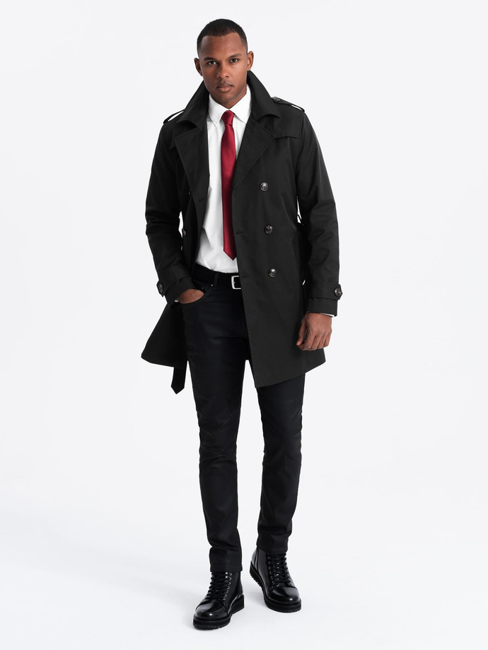 Elegantní pánský plášť SLIM FIT s páskem - černý V2 OM-COSC-0126