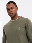 Men's cotton longsleeve with U neckline with stripes and embroidery - olive V1 OM-LSCL-0128
