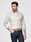 Men's cotton REGULAR FIT shirt with fine stripes - beige V1 OM-SHOS-0170