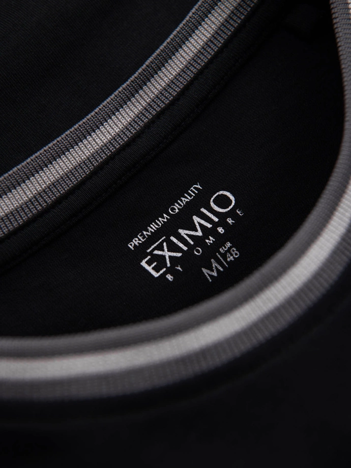 Men's cotton longsleeve with striped U neckline and embroidery - black V4 OM-LSCL-0128