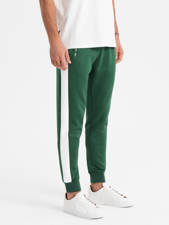 Men's sweatpants joggers with contrasting stripes - dark green V7 OM-PASK-0229