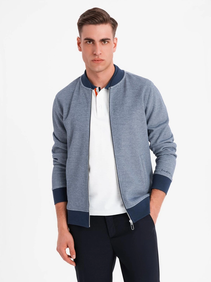 Men's pique knit bomber sweatshirt - navy blue V2 OM-SSZP-0238
