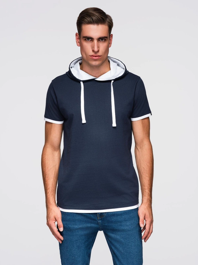 Men's cotton t-shirt with hood - navy blue V4 OM-TSCT-0256