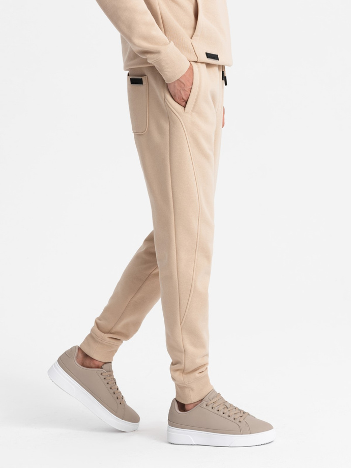 BASIC men's tracksuit set kangaroo sweatshirt + joggers - beige V6 Z85