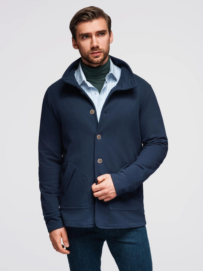 Washed men's sweatshirt with decorative stitching at the neckline - navy blue V4 OM-SSDS-0131