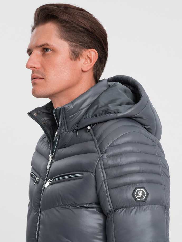 Heavily insulated quilted men's jacket with detachable hood - graphite V3 OM-JAHP-22FW-010