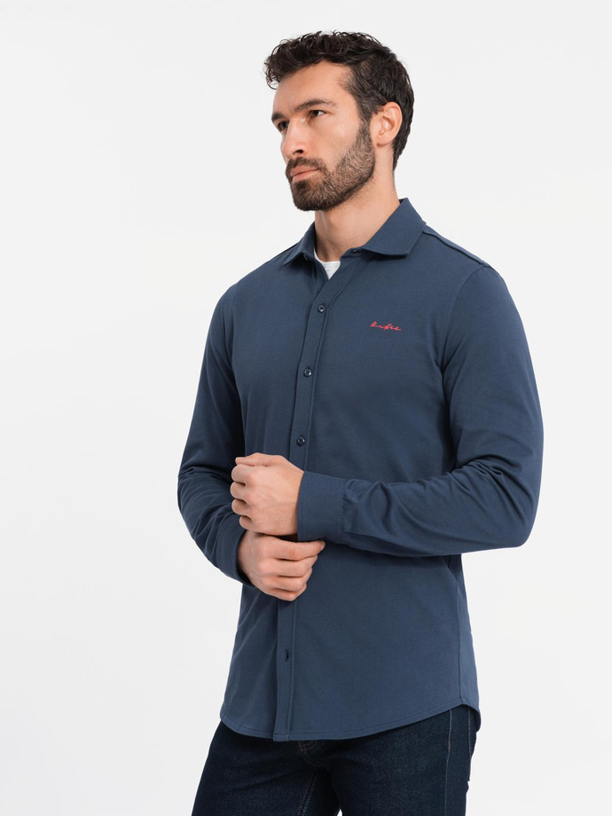 Cămașă bărbătească din bumbac REGULAR din tricot jerseu simplu - albastru V1 OM-SHCS-0138