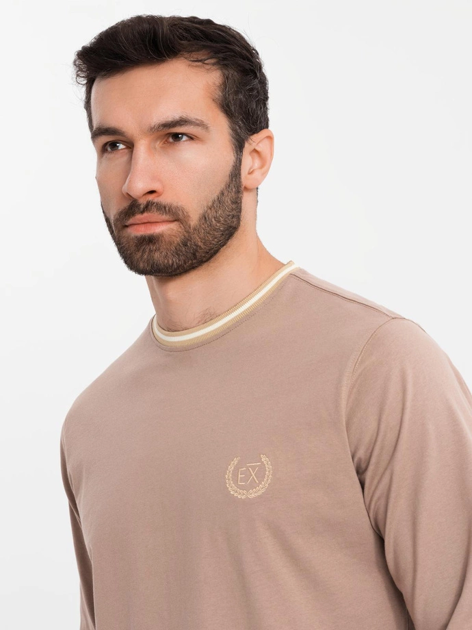 Men's cotton longsleeve with striped U neckline and embroidery - brown V6 OM-LSCL-0128
