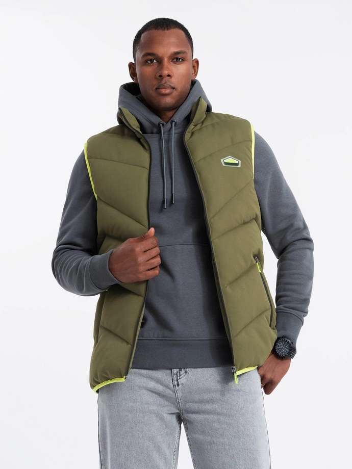 Men's quilted sleeveless jacket with neon accents - olive V5 OM-JAVJ-0210