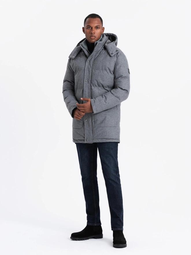 Warm long men's parka jacket with wool - grey melange V1 OM-JALJ-0217