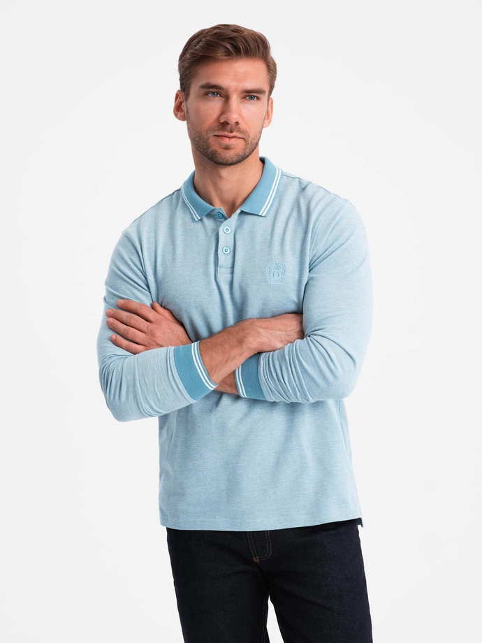 Men's melange polo longsleeve with embroidery - blue melange V3 OM-POLS-0129 