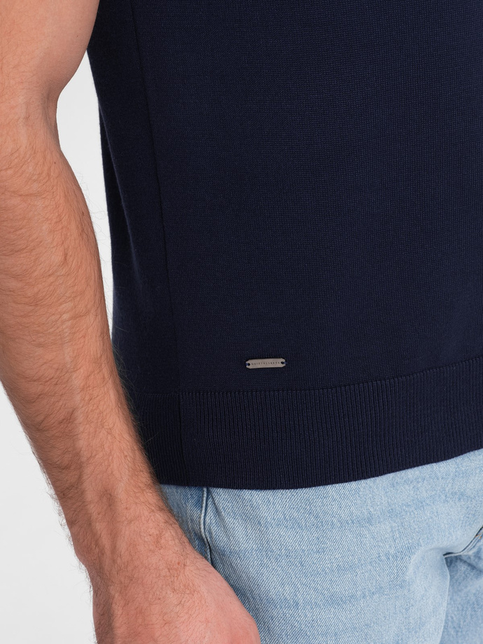 Tricou polo bărbătesc din tricot moale cu dungi contrastante - albastru marin V2 OM-POSS-0118