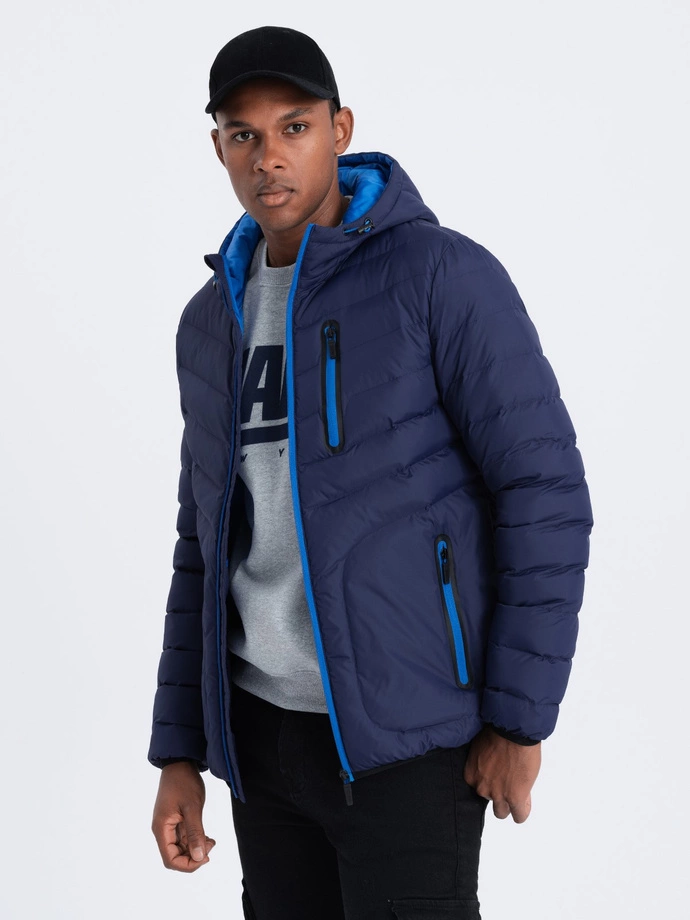 Men's quilted sports jacket - navy blue V1 OM-JALP-0118